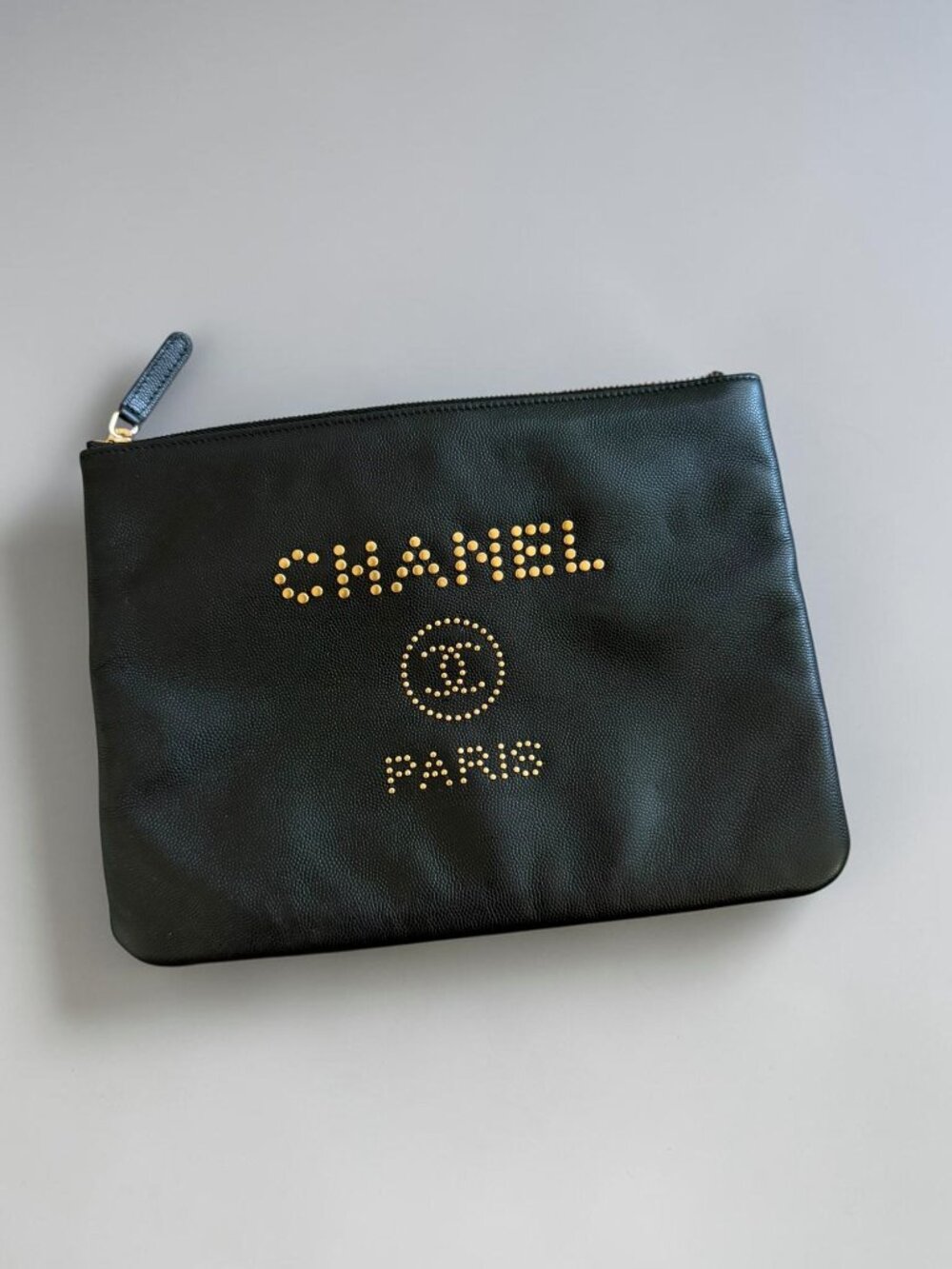 CHANEL Black Leather Caviar Gold Studded Deauville Pouch Clutch w/ Dustbag